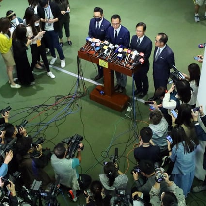 Hong Kong opposition lawmakers (from left) Dennis Kwok, Alvin Yeung, Kwok Ka-ki and Kenneth Leung were immediately disqualified after a Beijing resolution empowering the local government to bypass the courts and unseat politicians. Photo: Dickson Lee