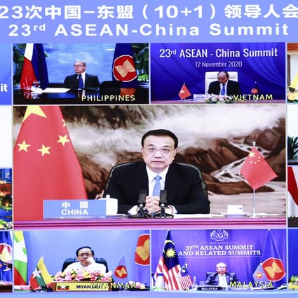 Chinese Premier Li Keqiang attends the China-Asean leaders’ meeting via video link on Thursday. Photo: Xinhua