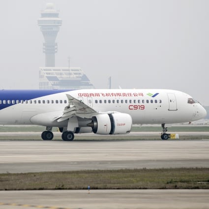 China’s domestically developed Comac C919 taxis after landing at Shanghai’s Pudong International Airport in May 2017. Photo: Bloomberg