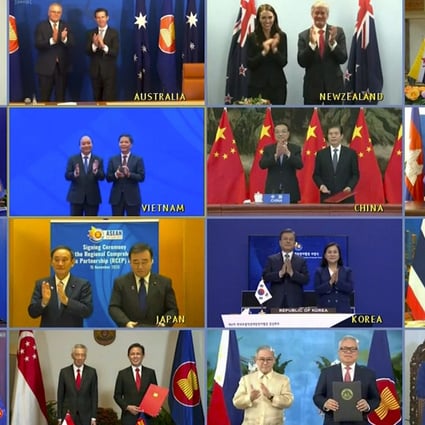 Leaders and trade ministers from the 15 signatories to the RCEP agreement pose for a virtual group photo on Sunday. Photo: AP