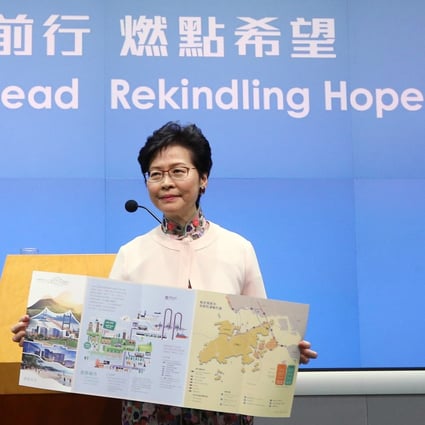 Chief Executive Carrie Lam Cheng Yuet-ngor displays a pamphlet about her newly unveiled “Lantau Tomorrow Vision” proposal, at the government headquarters in Admiralty on October 10, 2018. The 1,700 hectare reclamation project was the cornerstone of her second policy address as Hong Kong leader. Photo: Dickson Lee