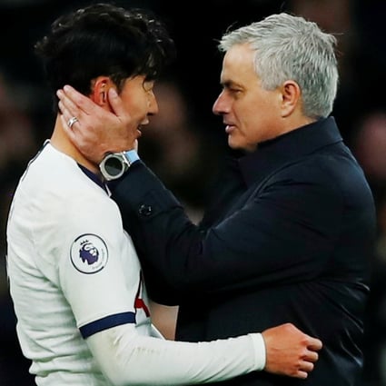 Tottenham Hotspur manager Jose Mourinho congratulates Son Heung-min after scoring against Burnley in the English Premier League in December, 2019. Photo: Reuters