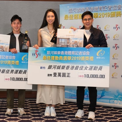 Fencer Vivian Kong (third from left) and gymnast Shek Wai-hung (second from left) were named the best women's and men's athletes of 2019 by the Hong Kong Sports Press Association. Photo: Handout