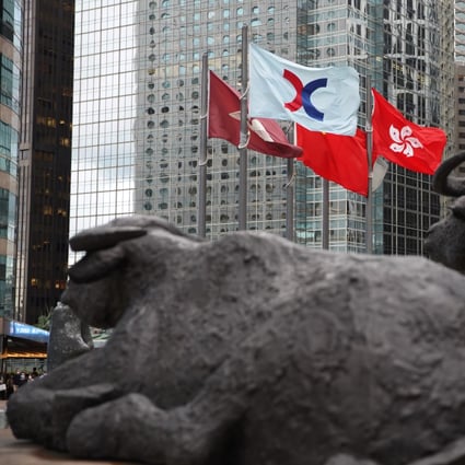 Bronze sculptures of bulls near the Hong Kong stock exchange building in Central, Hong Kong. Photo: Winson Wong