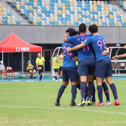 Kitchee players celebrate after their first goal in a 3-2 win over R&F 3-2 at Tseung Kwan O Sports Ground in October. Photo: Chan Kin-wa