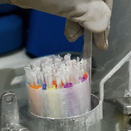 Biological samples are placed in a nitrogen freeze chamber at the Ambroise Pare Clinic in Paris. The vaccine developed by Pfizer must be stored in deep-freezer conditions and requires two doses administered three weeks apart, making it more difficult to deploy the shot effectively. Photo: Bloomberg
