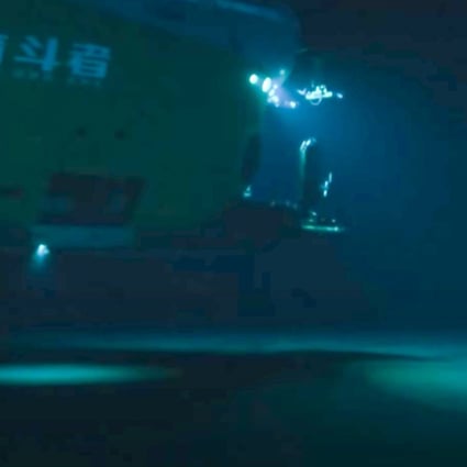 China live-streamed footage of its new manned submersible parking at the bottom of the Mariana Trench on Friday. Photo: CCTV