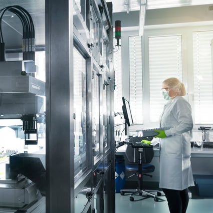A technician with pharmaceutical company BioNTec at a laboratory in Mainz, Germany. News that Pfizer and BioNTech have developed an effective Covid-19 vaccine has heartened markets and started a shift in stocks towards sectors that have struggled during the pandemic. Photo: EPA-EFE