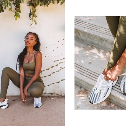 A pair of Avre Infinity Glide sustainable sneakers, which are made from fibres derived from plastic bottles and are designed for the modern, multitasking woman.