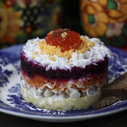 Herring under fur coat salad at Dacha, a restaurant that serves dishes from Russia and other Eastern European countries in Hong Kong. Photo: Jonathan Wong