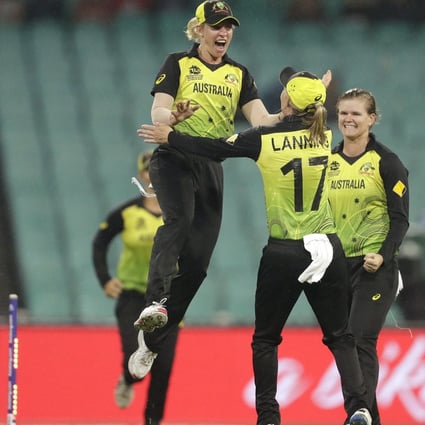 Australia’s Delissa Kimmince and Meg Lanning celebrate after winning their women’s T20 World Cup semi-final in Sydney in March. Photo: AP