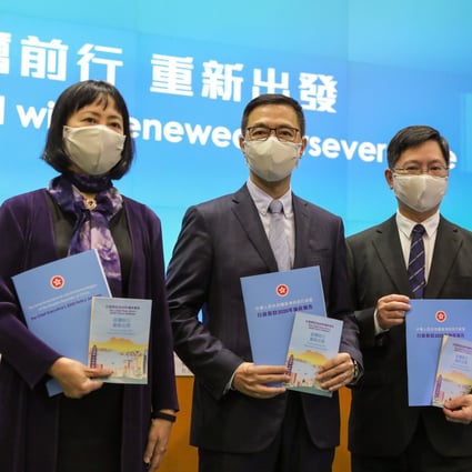 Education minister Kevin Yeung (second left) with Permanent Secretary for Education Michelle Li Mei-sheung (left) and technology minister Alfred Sit Wing-hang (second right) and Permanent Secretary for Innovation and Technology Annie Choi Suk-han. Photo: Sam Tsang