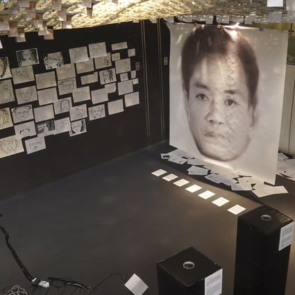 Her Story – Eliminating Gender Violence 2020 opened in Beijing on November 25, International Day For the Elimination of Violence Against Women. A large composite photo of a man is made from images of accused sexual harassers. Photo: Tom Wang
