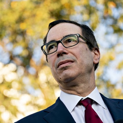 US Treasury secretary Steven Mnuchin listens to a question from the media outside the White House in October 2019. Photo: Bloomberg