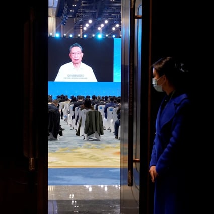 Respiratory disease expert Zhong Nanshan speaks via video link during a conference in China earlier this month. Photo: Reuters