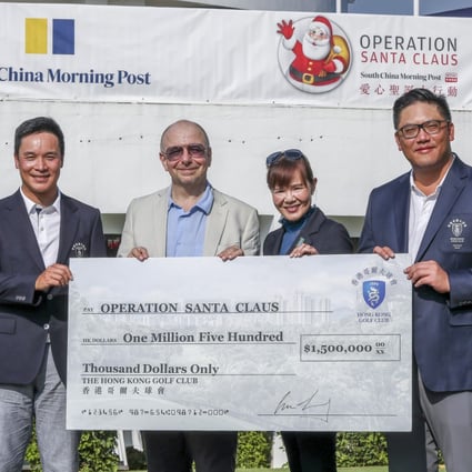 (Left to right) Chairman of charity committee William Doo Guilherme Jnr, RTHK head of English programme services Hugh Chiverton, lady captain Trinette Cheng and captain Clarence Leung, at the Hong Kong Golf Club in October. Photo: Jonathan Wong