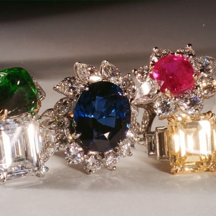 Colourful rings about to be auctioned off by Sotheby’s Hong Kong. Photo: Handout