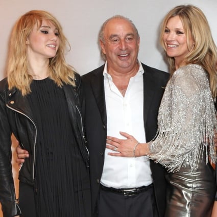 Philip Green with Suki Waterhouse, Kate Moss, Cara Delevingne, Sienna Miller and Naomi Campbell at a private dinner celebrating the Global Launch of the Kate Moss for Topshop Collection at The Connaught Hotel in London in 2014. Photo: Getty Images