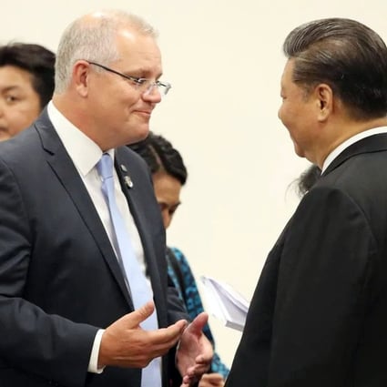 Australian Prime Minister Scott Morrison meets Chinese President Xi Jinping during the G20 summit in Osaka, Japan, on October 27. Photo: Handout