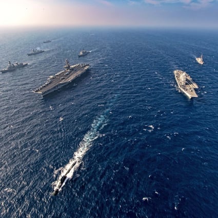 Aircraft carriers and warships participate in a joint exercise of India, US, Japan and Australia, in the northern Arabian Sea last month. The four countries form the Quadrilateral Security Dialogue, or the “Quad”. Photo: Indian Navy via AP