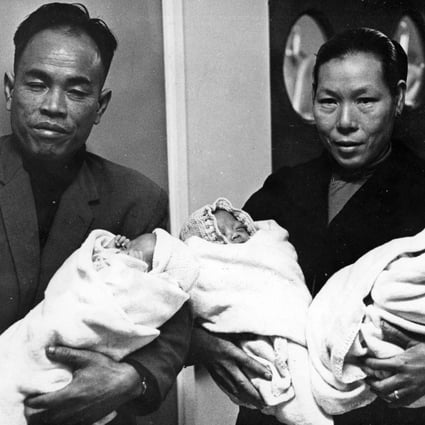 Mr and Mrs Fung with their triplets at Tsan Yuk Hospital on February 22, 1968. Photo: SCMP
