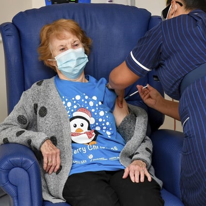Margaret Keenan, 90, became the first patient in the UK to receive the Pfizer-BioNTech vaccine at a hospital in Coventry. Photo: AP