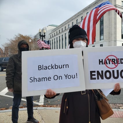 A protest on Wednesday in Washington over a tweet by Senator Marsha Blackburn. Photo: Mark Magnier