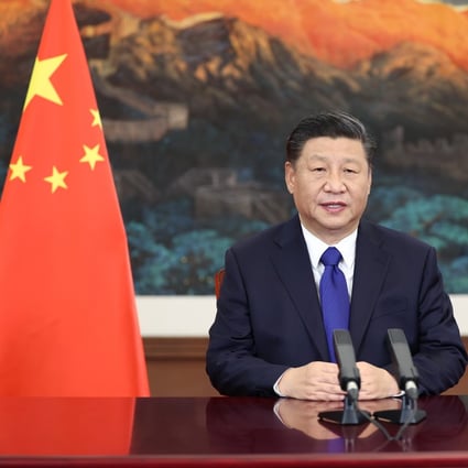 Chinese President Xi Jinping addresses the Climate Ambition Summit via video link on Saturday. Photo: Xinhua