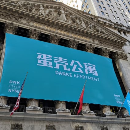 A Danke banner hangs on the New York Stock Exchange Building in January, celebrating the initial public offering of the Chinese online residential rental company. Photo: Shutterstock