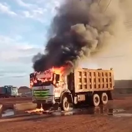 A truck engulfed in flames after a demonstration at a Chinese-backed nickel firm in Sulawesi, Indonesia. Photo: Handout