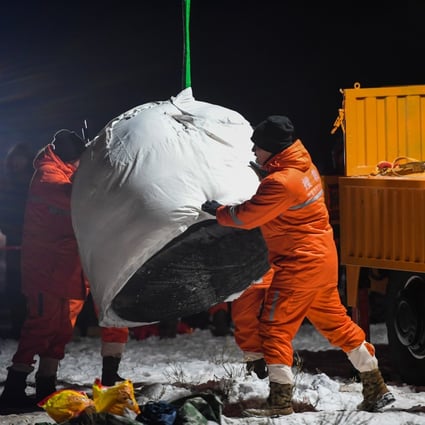 The Chang’e 5 re-entry capsule landed back on Earth on Thursday morning. Photo: Xinhua