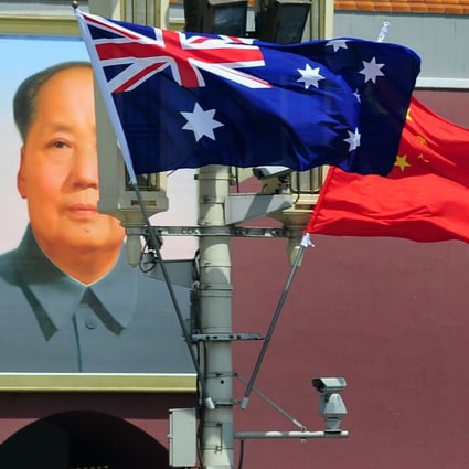 The national flags of Australia and China fly before a portrait of Mao Zedong facing Tiananmen Square, during a visit to Beijing by the Australian prime minister in April 2011. Photo: AFP