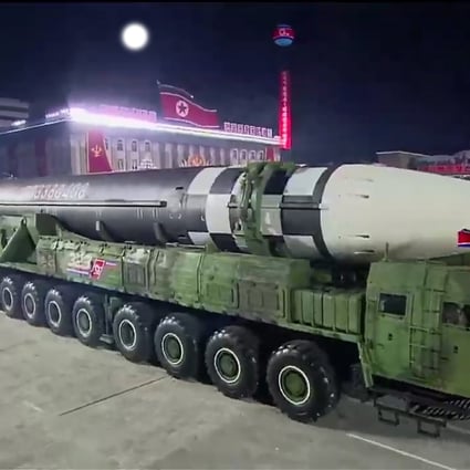 A screen grab taken from a KCNA broadcast on October 10 shows a North Korean Hwasong-15 intercontinental ballistic missile during a military parade marking the 75th anniversary of the founding of the Workers' Party of Korea. Photo: AFP