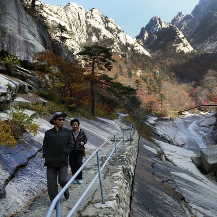 Tourists on a trail at Mount Kumgang, in North Korea. Photo: AP