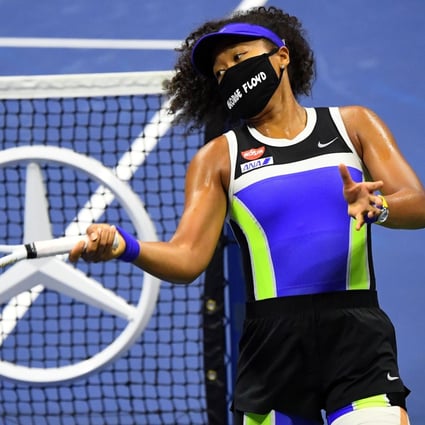 Naomi Osaka, wearing a George Floyd mask, hits balls into the stands on her way to victory at the 2020 US Open. Photo: USA Today
