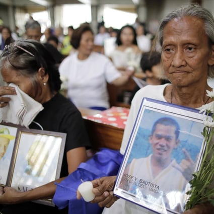 Filipino relatives of victims of drug-related killings hold pictures as they attend a Manila church mass in March 2019 in support of a complaint against President Rodrigo Duterte filed at the International Criminal Court. Photo: EPA-EFE