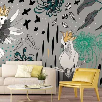 Soul Birds cockatoo mural by Yani Mengoni. Pantone has picked yellow with grey as the trendsetting colour direction for the year ahead. Interior design experts have their doubts. Photo: Wallsauce.com