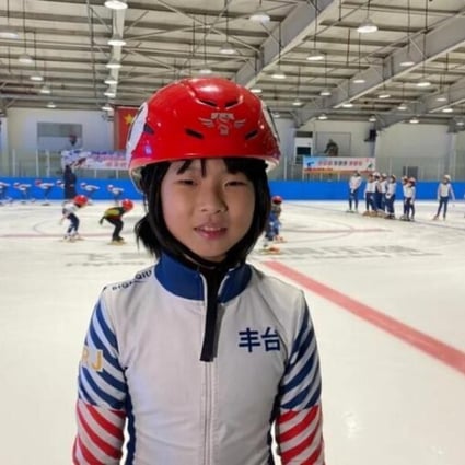 Eight-year-old speed skater Ma Zihui at the Beijing training centre after her come-from-behind win in the 500m short track quarter-finals. Photo: Wang Hao/yqqlm