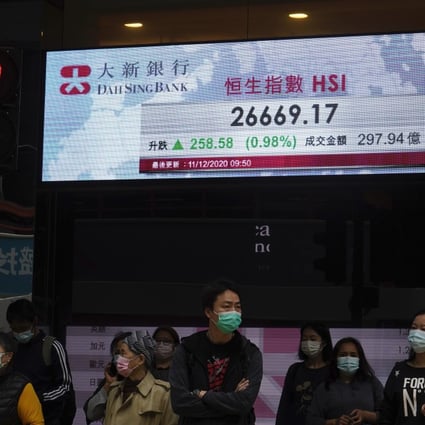 People wearing face masks walk past a bank's electronic board on December 11, 2020 as the Hang Seng Index approaches the 27,000 level. Photo: AP