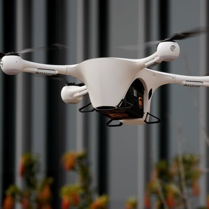 A Matternet drone and UPS container flies through the air as UC San Diego Health launches a pilot project testing the use of aerial drones to transport medical samples, supplies and documents between hospitals in California on February 27, 2020. Photo: Reuters