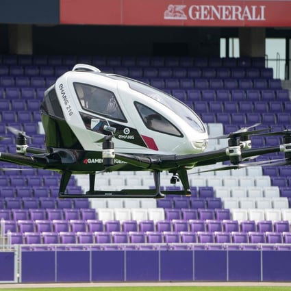 An Ehang flying taxi takes a short flight at a demonstration in Vienna. Photo: AFP