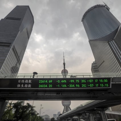 A pedestrian bridge in Shanghai features a monitor for stock prices. A raft of earnings downgrades is clouding the stock market prospects in 2021. Photo: EPA-EFE