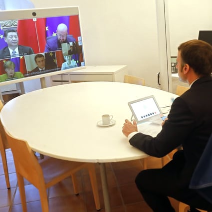 French President Emmanuel Macron attends the EU-China videoconference meeting this week with Chinese President Xi Jinping, German Chancellor Angela Merkel, European Commission President Ursula von der Leyen and European Council President Charles Michel. Photo: EPA-EFE