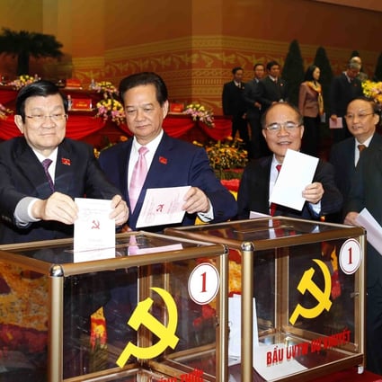 Former Vietnamese President Truong Tan Sang, Prime Minister Nguyen Tan Dung and other officials cast their their ballots at the country’s 12th National Party Congress in 2016. Photo: Xinhua/VNA