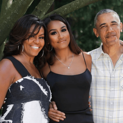 Sasha Obama with parents Michelle and Barack, and a still from her viral TikTok video. Photo: @michelleobama/Instagram, @pixiestick222/TikTok