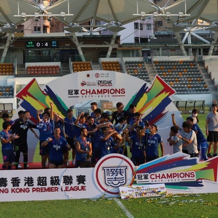 Kitchee players and officials celebrate after the club were crowned the Hong Kong Premier League champions of the 2019/20 season. Photo: Chan Kin-wa