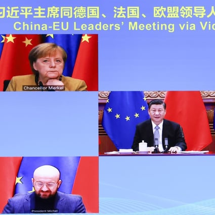 Chinese President Xi Jinping (centre) confers with (clockwise from top left) German Chancellor Angela Merkel, French President Emmanuel Macron, president of the European Commission Ursula von der Leyen and president of the European Council Charles Michel, via video link in Beijing on December 30. During the meeting, Xi and the European leaders announced that the two sides have completed investment agreement negotiations as scheduled. Photo: Xinhua