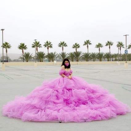 Shay Rose in her 12-foot-wide social distancing dress. It’s not the only project of hers that’s gone viral. Photo: TNS