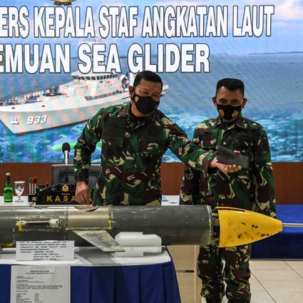 in Jakarta, Indonesia, on Monday, Indonesian Navy chief Yudo Margono explained how a ‘Sea Glider’ was found by fishermen near Selayar Island, South Sulawesi. Photo: Antara Foto/Reuters