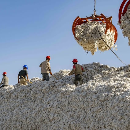 Workers pile cotton at a ginning plant in Xayar County in the Xinjiang Uygur autonomous region. The US banned all imports of cotton and tomato products originating in the region on Wednesday. Photo: Xinhua
